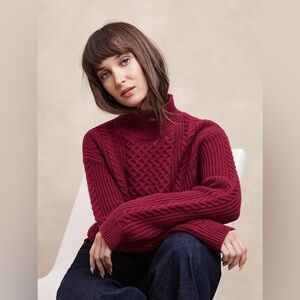 New Banana Republic Burgundy Turtleneck Cable Knit Sweater Wool  XXL Fisherman